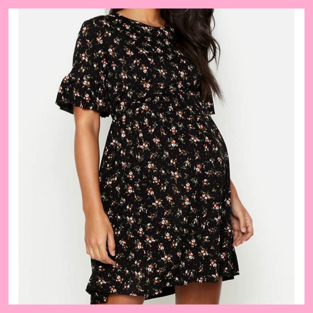 MATERNITY FLORAL FRILL SLEEVE SMOCK DRESS